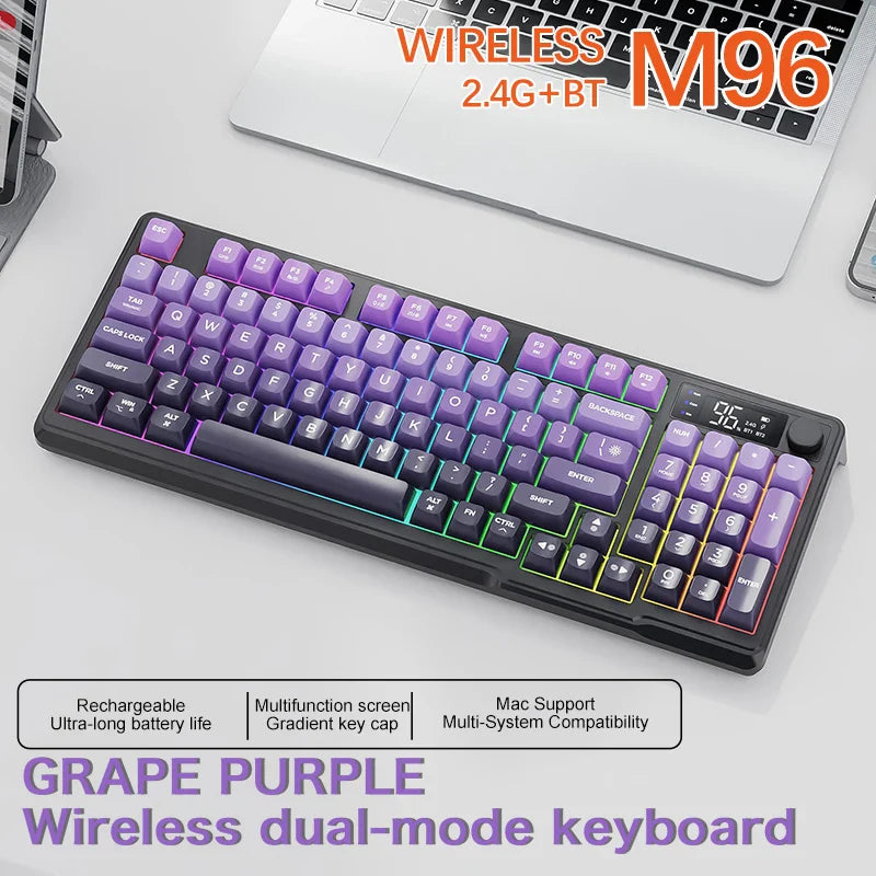 96-Key Bluetooth & 2.4G Wireless Gaming Keyboard with Smart Screen, RGB Backlight, Ergonomic PBT Keycaps — Multi-Device for PC Laptop Tablet